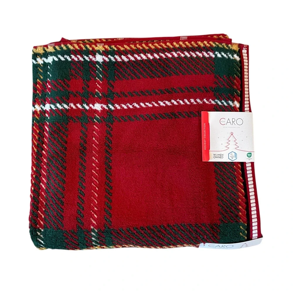 4pc Caro Home Holiday RED TARTAN Cotton 2 Bath 2 Hand Towel Set Christmas NEW